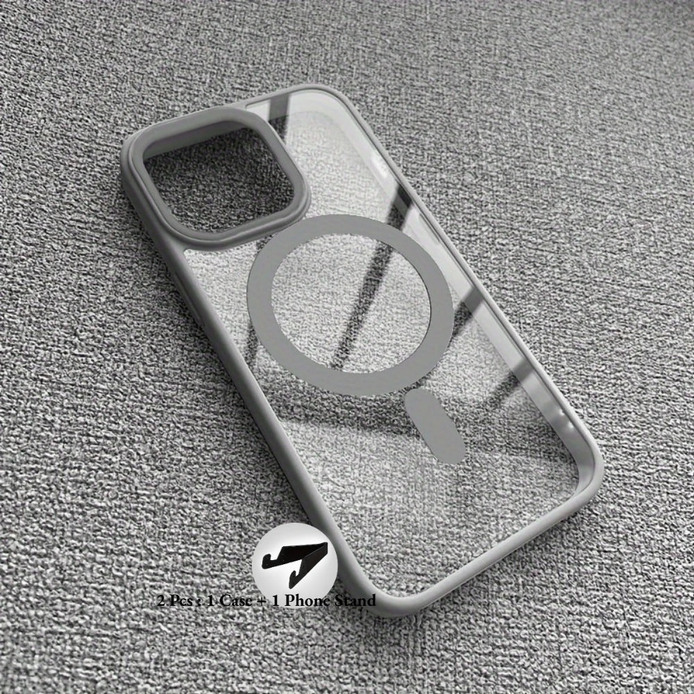 1 Case + 1 Phone Stand Luxury Clear Magnetic Wireless Charging Phone Case for iPhone 17 16 15 14 13 12 11 Pro Max Plus