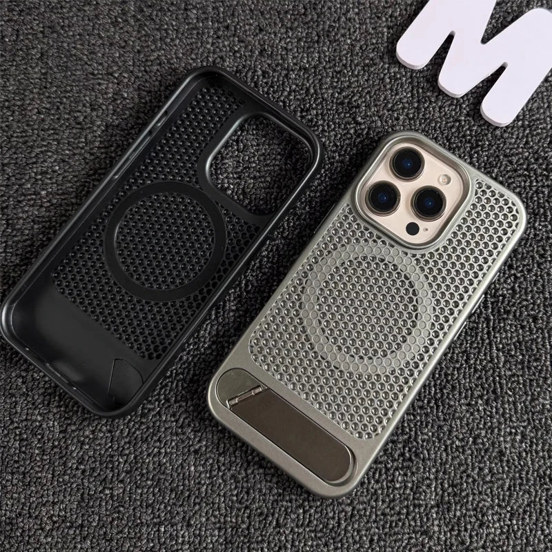 Heat Dissipation Mesh Phone Case for Magsafe Magnetic Wireless Charge Cover for iPhone 16 17pro Max 15 13 Pro 14 12 Metal Stand