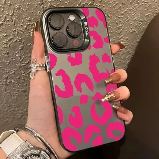 Leopard Print Electroplate Silver IMD Phone Case For iPhone 16 15 14 13 12 11 Pro Max 15 Plus Matte Shockproof Back Cover