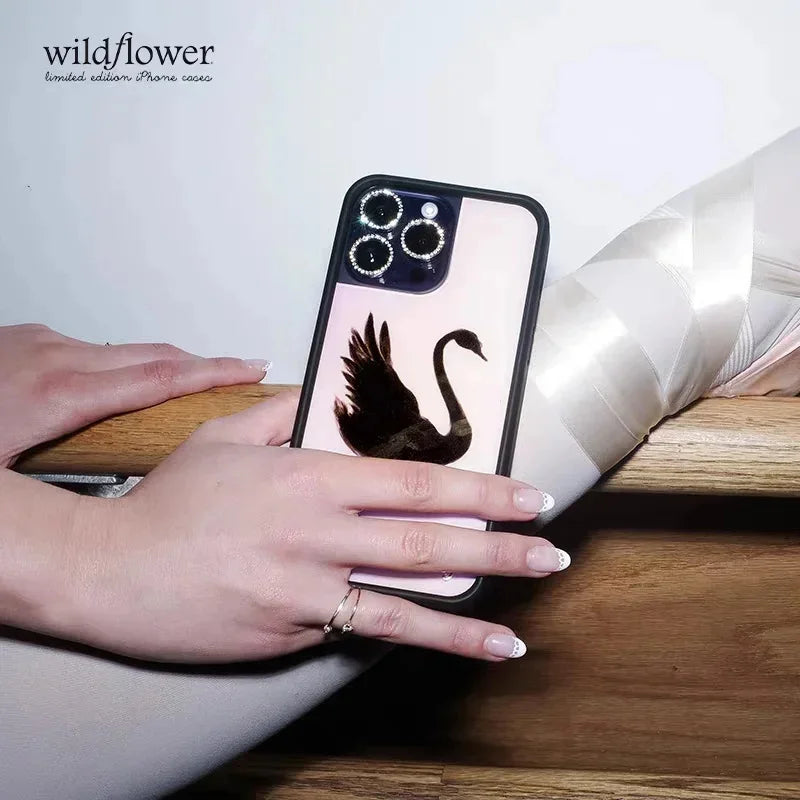 Wildflower 3D Black Swan Phone Case for iPhone 12 13 14 15 16 17 Pro Max Plus Fashion Sweet-Swan Lake Soft Edge Back Cover Cases