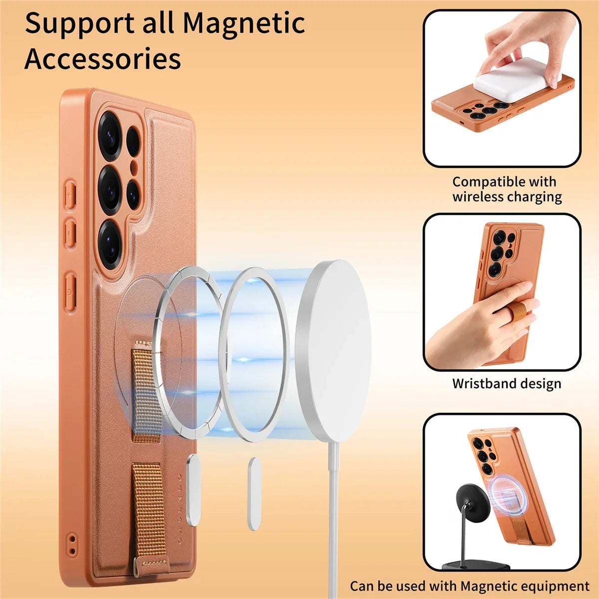 For Magsafe Magnetic Wrist Strap Phone Case for Samsung Galaxy S25 Edge S25 Ultra S26 Plus Leather ShockProof Protective Cover