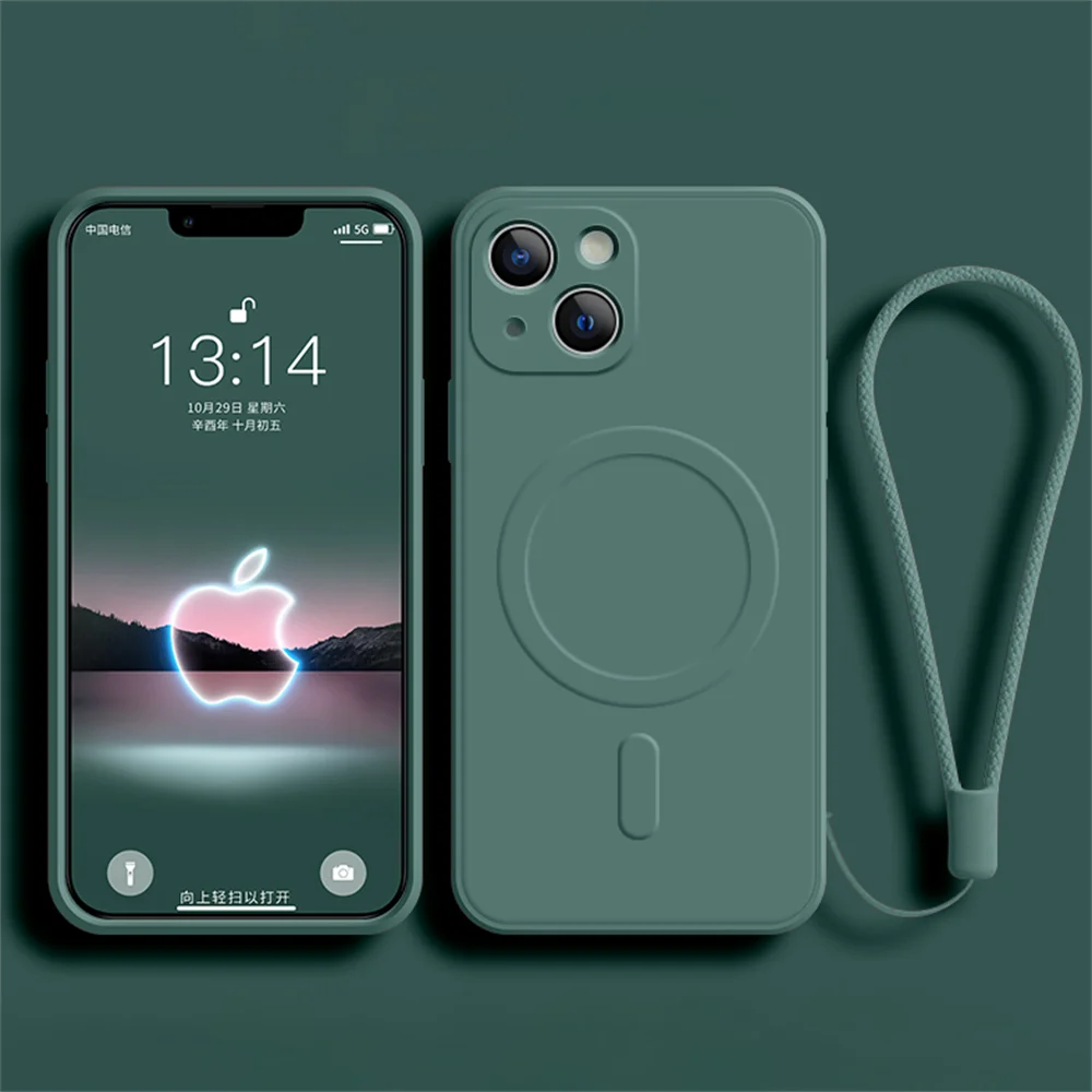For Magsafe Magnetic Wireless Charge Case For iPhone 16 17 15 14 13 12 11 Pro Max Plus Mini 16e Soft Liquid Silicone Strap Cover