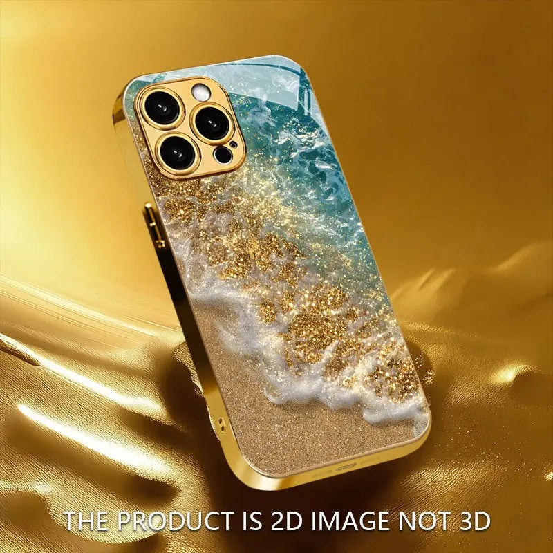 The new seaside beach pattern electroplated glass phone case is suitable for iPhone 17, 16, 15, 14, 13, 12, 11, etc.