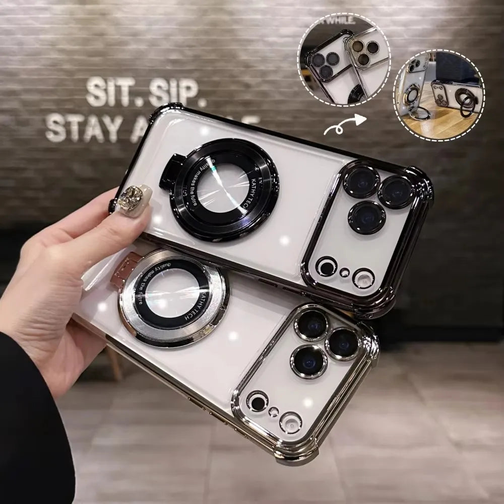 Luxury Plating Magnetic Bracket Phone Case For iPhone 17 Air 16 15 14 Plus 13 12 11 Pro Max Shockproof Holder Stand Back Cover