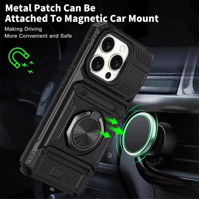 Military Quality Case for iPhone 11 13 14 15 16 Pro Max Magnetic Rotated Ring Kickstand Heavy Duty Drop Protection Wallet Cover