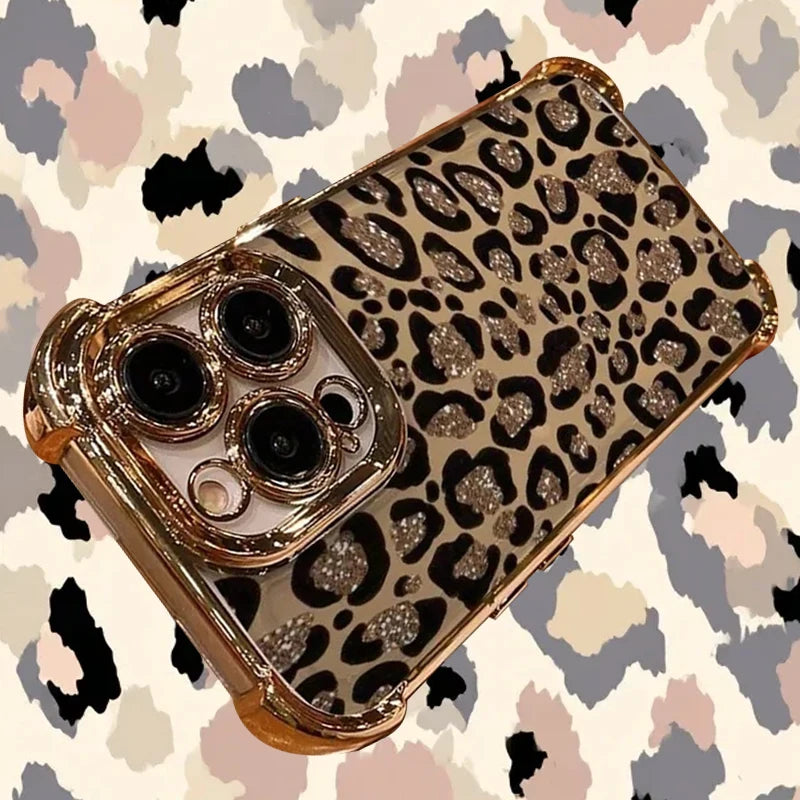 Glitter Leopard Print Four Corner Anti Fall Case for iPhone 17 Air 16 E 15 14 Plus 13 12 Mini 11 Pro Max Acrylic Sheet Cover