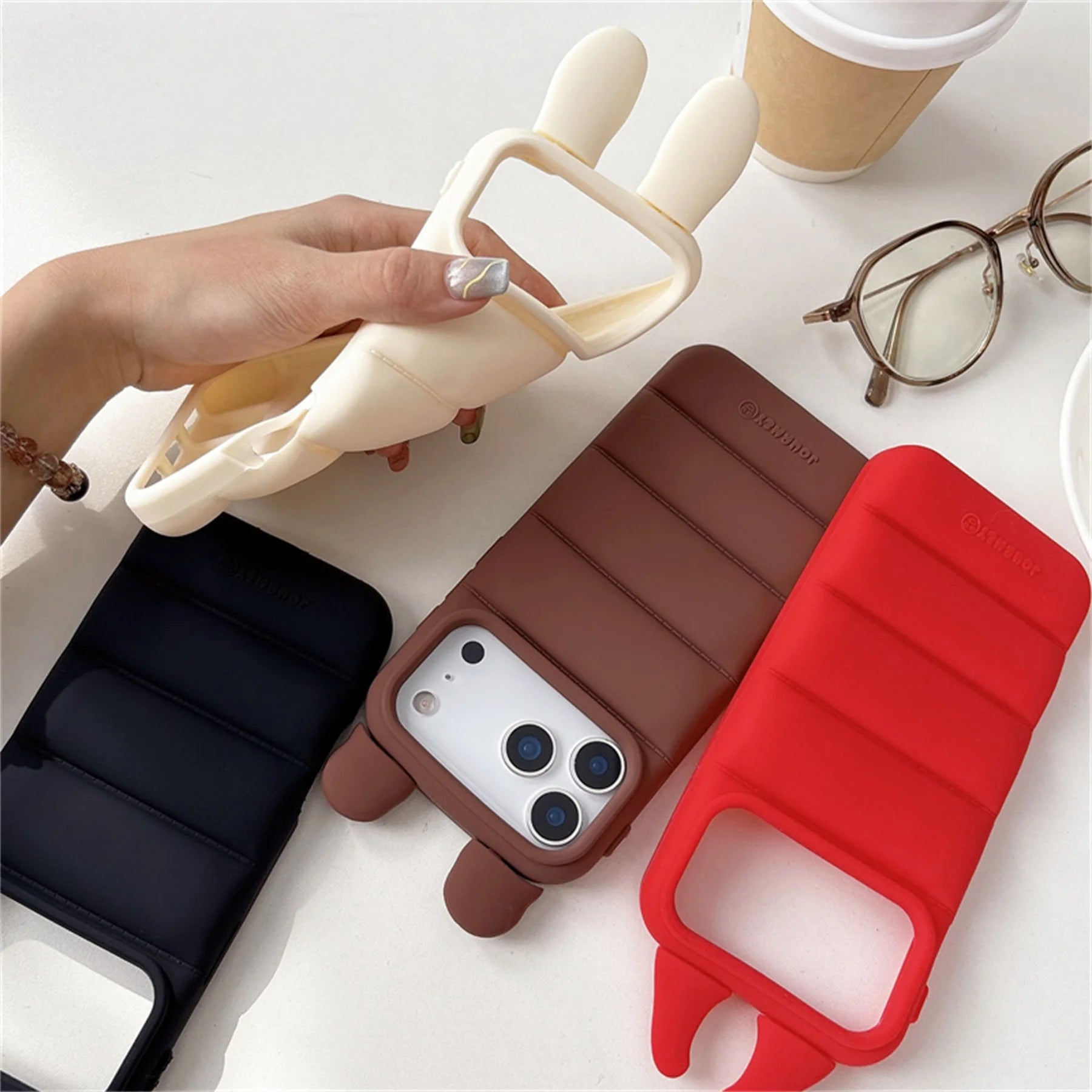 Cute 3D Bear Bunny Ears Down Jacket Texture Solid Color Phone Case for iPhone 17 16 15 14 Pro Max Shockproof Back Cover