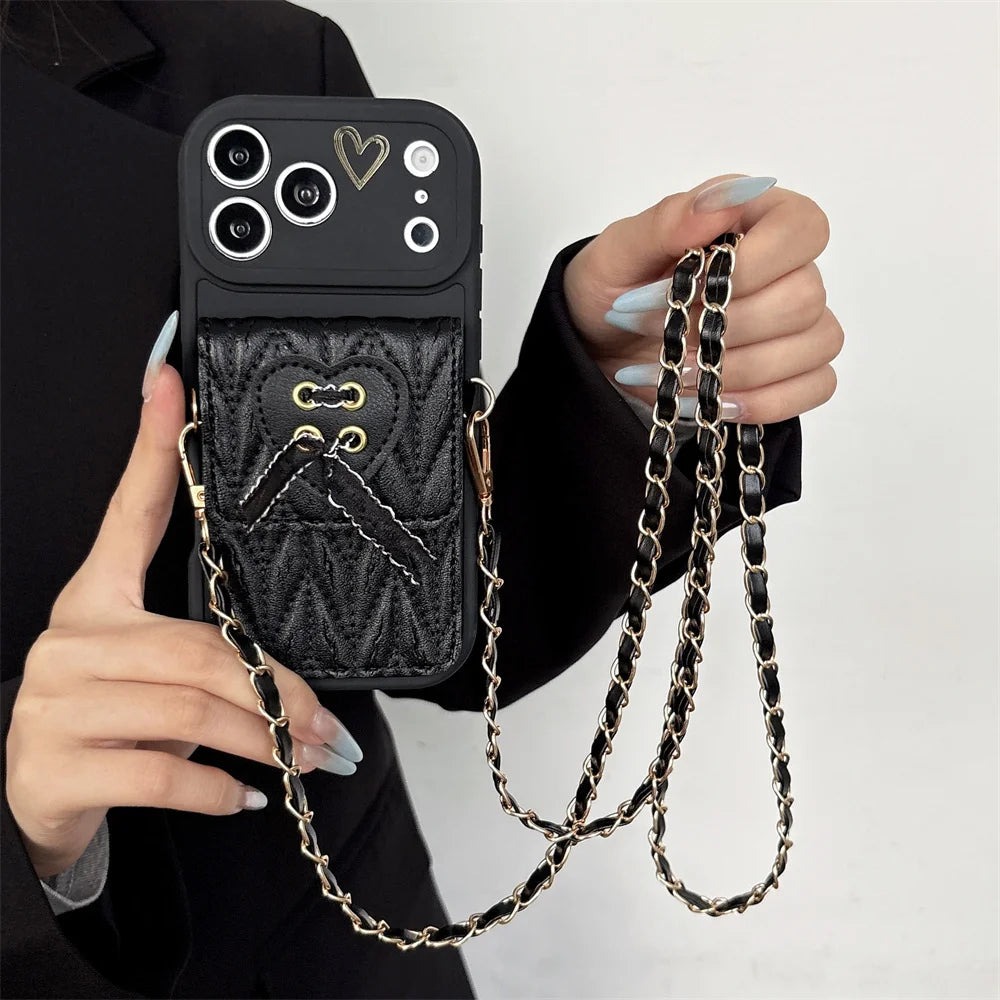 Crossbody Necklace Strap Metal Leather Lanyard Phone Case For iPhone 17 16 15 14 13 12 11 Pro Max Air 7 8 Plus XS Wallet Cover