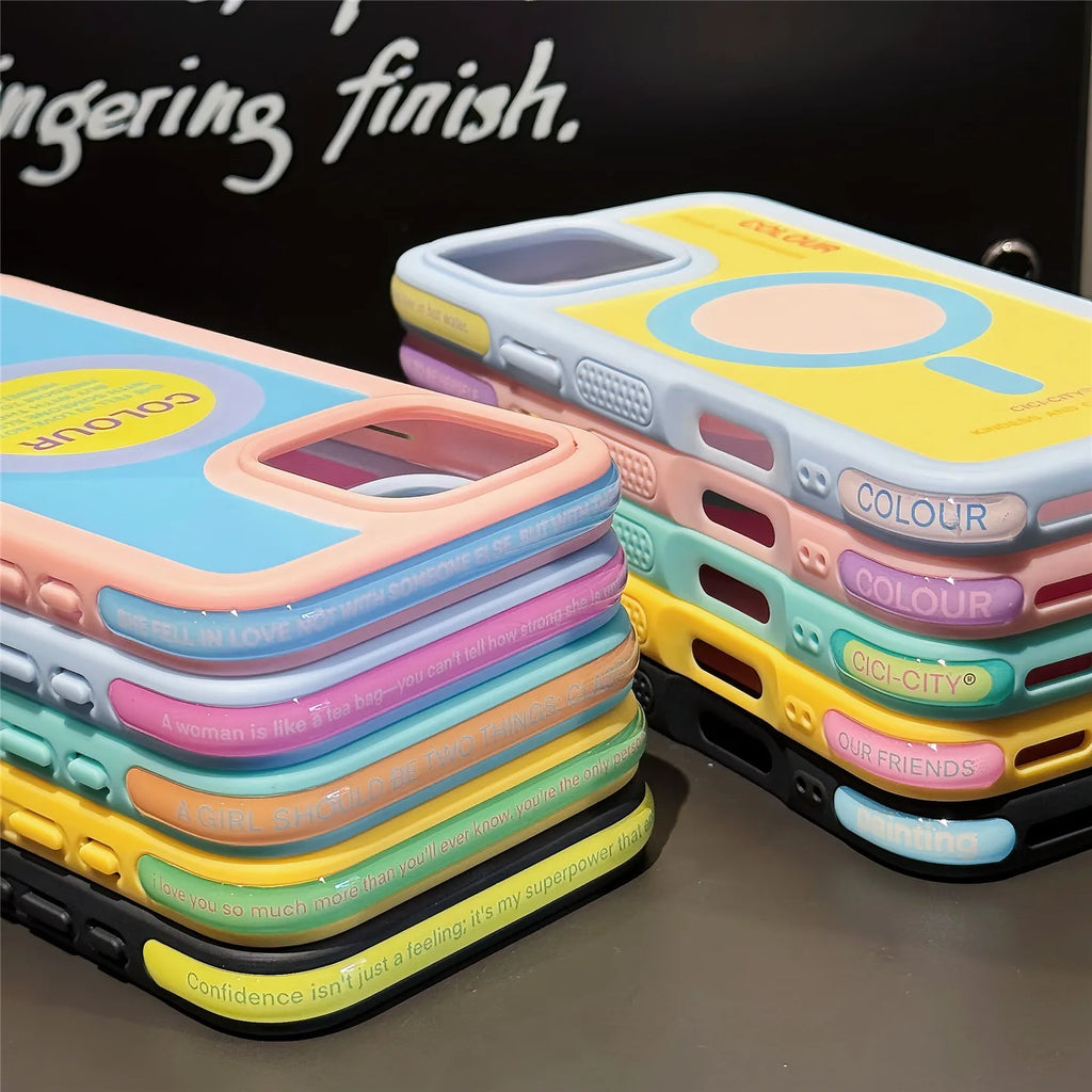 Dopamine Color Collision Magnetic Case For iPhone 16 15 14 Pro Max 13 Luxury Candy Color Shockproof Bumper for Magsafe Cover