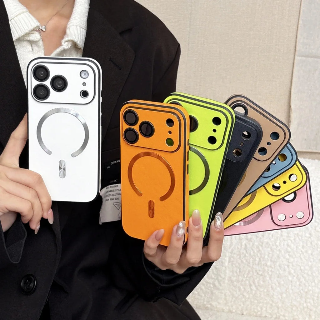 Luxury For Magsafe Leather Magnetic Phone Case For iPhone 17 16 15 14 13 12 Pro Max 11 Lens Protector Fundas Candy Color Cover
