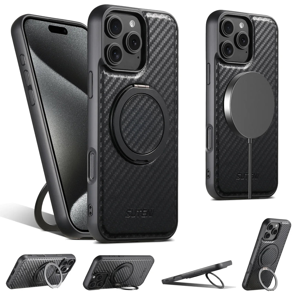 Magnetic Charging Bracket Ring Phone Case for iPhone 16 Pro Max 17 Air 15 Plus 14 13 12 Carbon Firber Texture Leather Back Cover