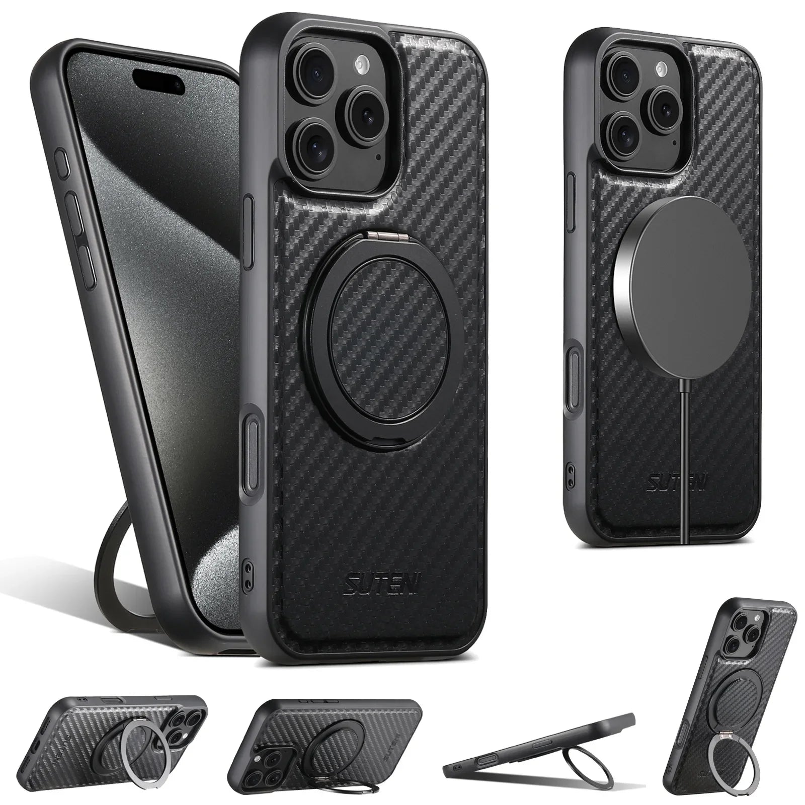 Magnetic Charging Bracket Ring Phone Case for iPhone 16 Pro Max 17 Air 15 Plus 14 13 12 Carbon Firber Texture Leather Back Cover