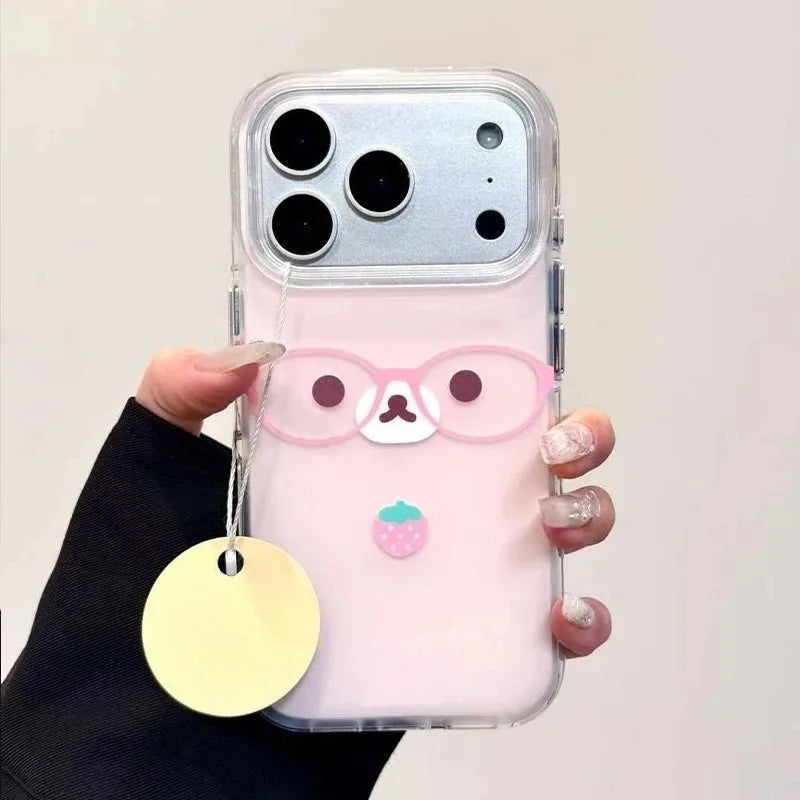 Cute Pink Strawberry Glasses Bear Phone Case For iPhone 11 12 13 14 15 16 17 Pro Max 16e 17 Air X XR XS 7 8 Plus Soft Back Cover