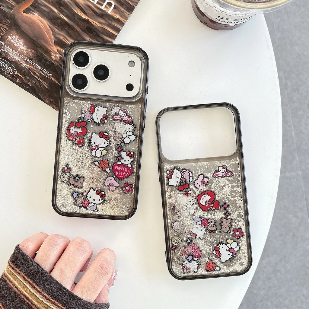 Quicksand Glitter Protection For Cute Hello Kitty Case For iPhone 17 16 15 Pro Max Soft TPU Shockproof Anti-Scratch Back Cover