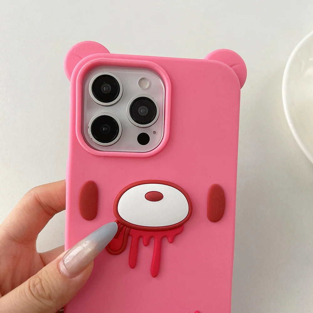 Funny 3D Cartoon Bloody Bear Phone Case for iPhone 17 13 14 15 16 Pro Max Cute Shockproof Soft Silicone Back Cover Fundas