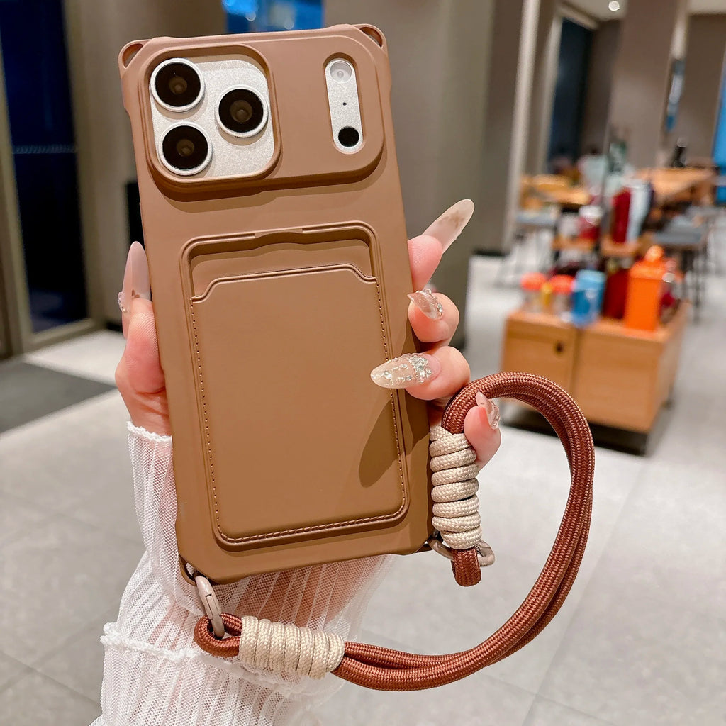 Four Corner Holes Detachable Hand Wrist Lanyard Phone Case For iPhone 17 16 15 14 13 12 11 Pro Max Plus Mini Air Card Slot Cover