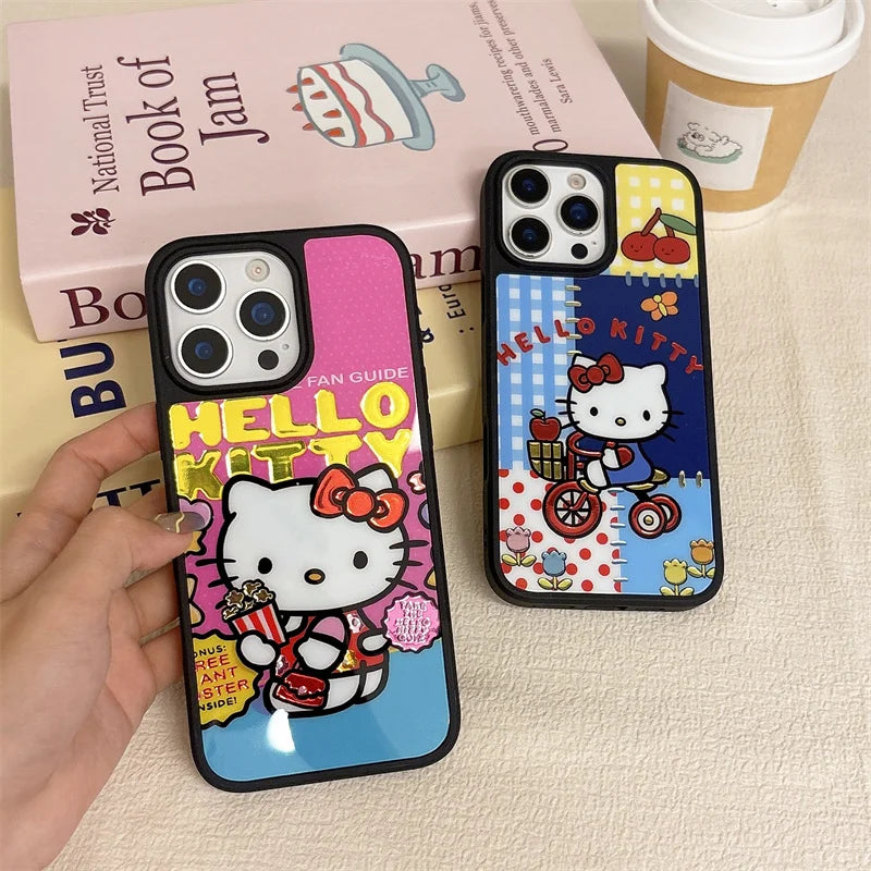 Hello Kitty Magnetic Case for iPhone 13 14 15 16 Pro Max with Popcorn & Bicycle Design, Metallic Glitter Shockproof Phone Cover