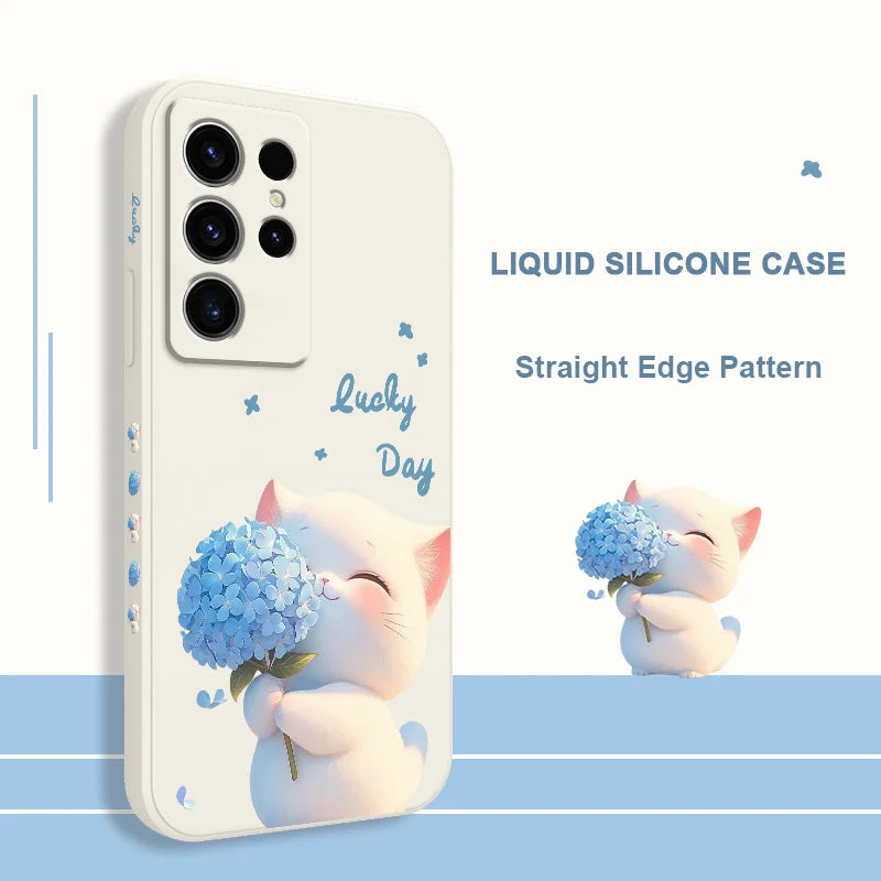 Blue Silk Cat Phone Case For Samsung Galaxy S26 Plus Ultra Silicone Cover