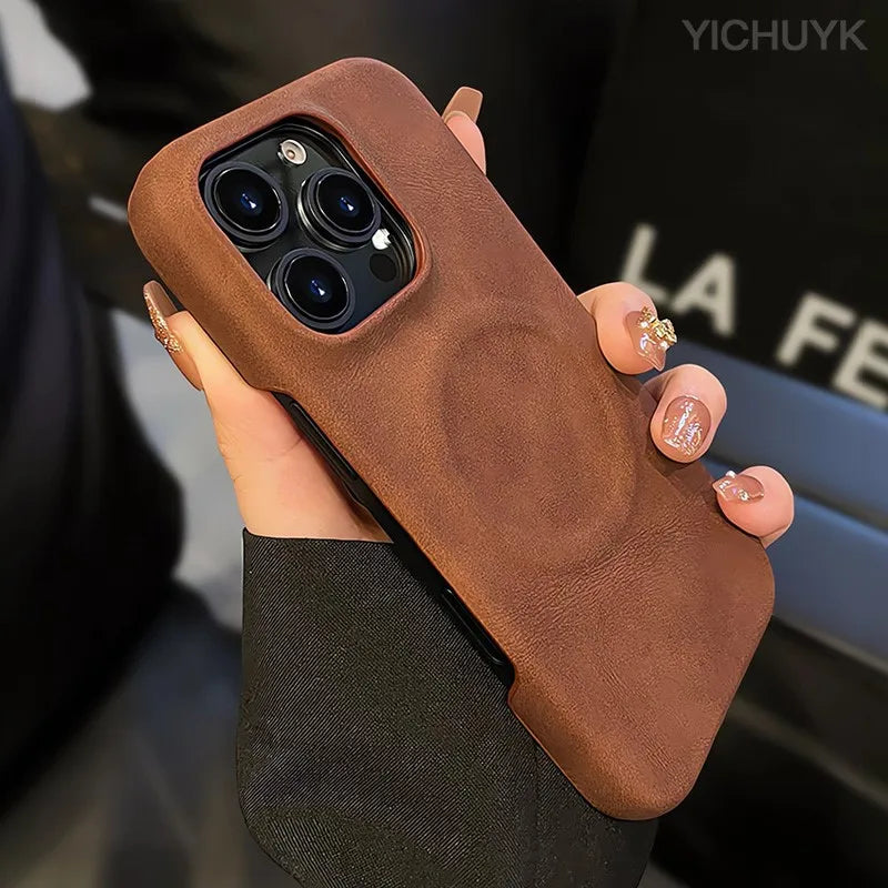 Luxury Magsafe Wireless Charging Retro Leather Phone Case For iPhone 16 12 13 14 15 16 Pro Max Plus Magnetic Bumper Cases Cover