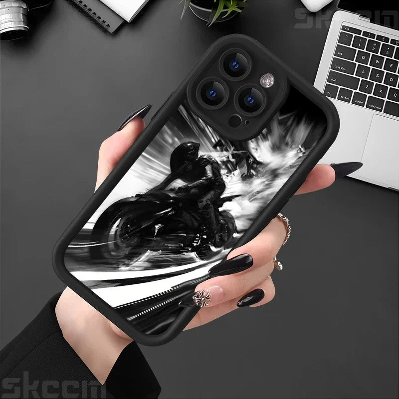 Fashion Black Biker Motorcycle Phone Case For iPhone 16 Pro Max 15 14 13 12 11 7 8 Plus X XS XR Shockproof Silicone Soft Cover