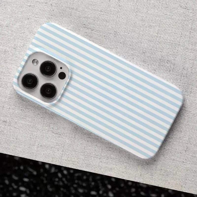 Fresh Blue and White Striped Glossy Phone Case for iPhone 11 12 13 14 15 16 17 Pro Max 17 Air 16E Soft Casing Shockproof Cover
