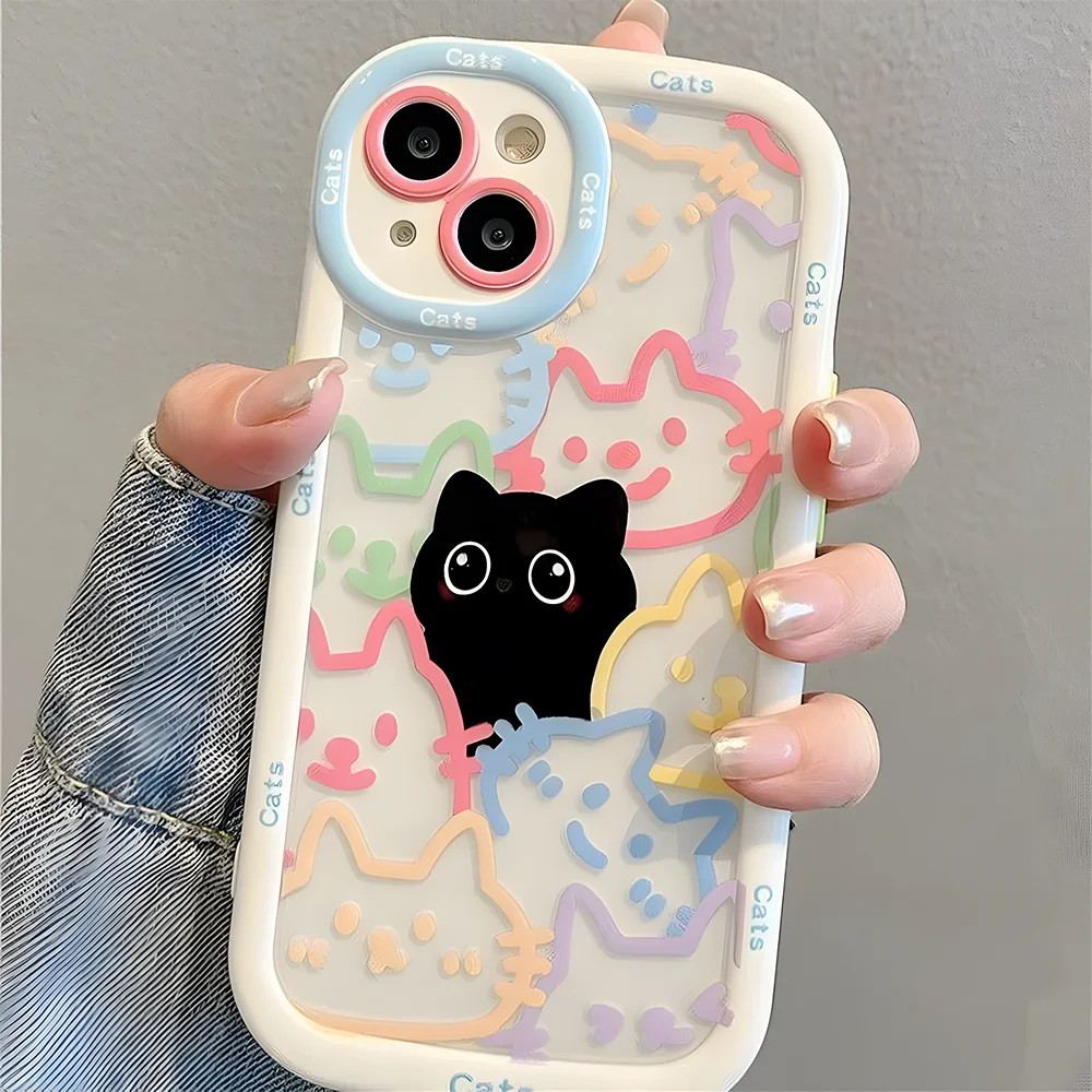 Cute Cat Soft Silicone Phone Case For iPhone 17 16 15 14 13 12 11 Pro Max 7 8 Plus X XS Max XR Soft Shockproof Back Cover Coque