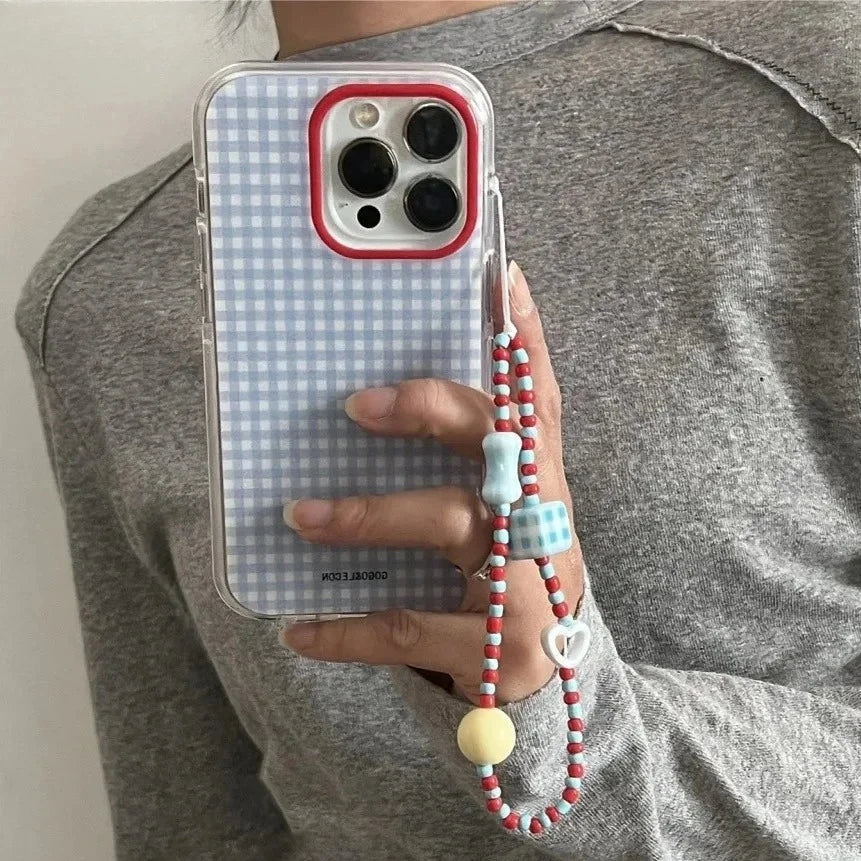 Fashion Checkered Grid Beads Bracelet Case for iPhone 17 16 Pro Max 15 14 Plus Wrist Chain Color Collision Shockproof Cover