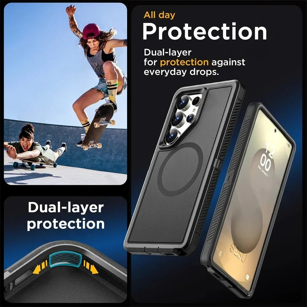 Tough Matte Anti-Slip Silicone + PC Case For Samsung Galaxy S26+ S25 S24 Plus S23 S22 Ultra Magnetic Wireless Charging Cover