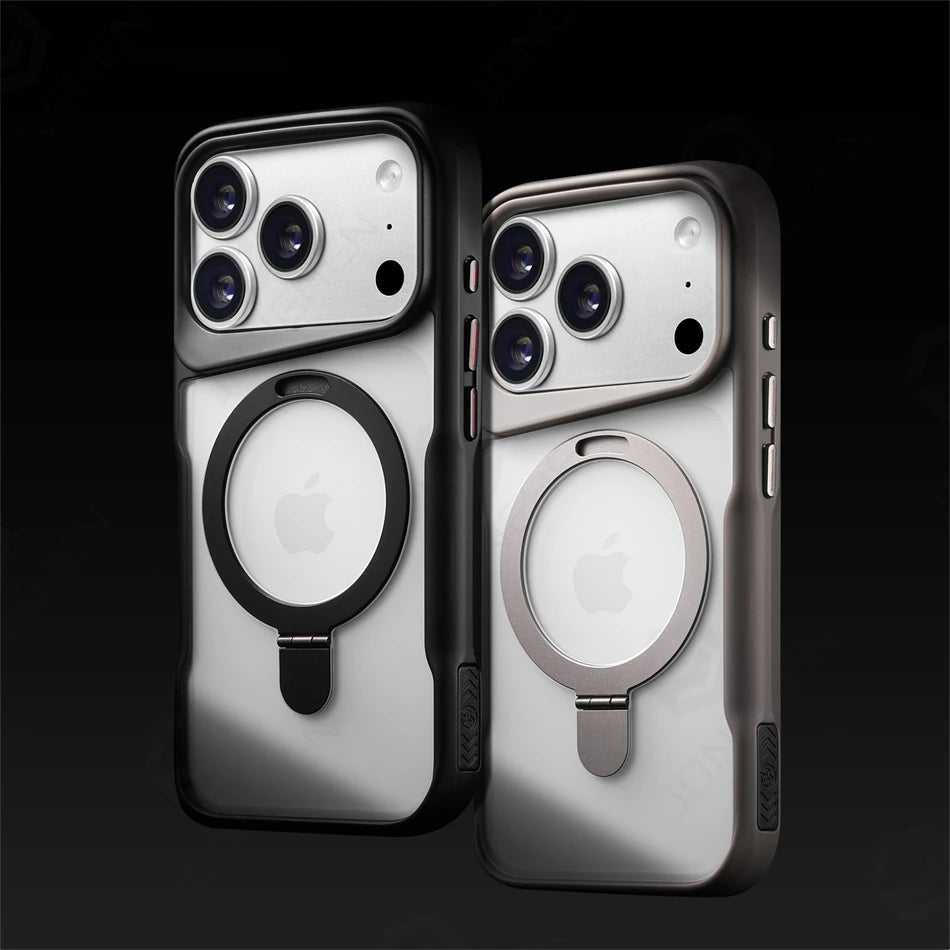 For Magsafe Magnetic Charge Translucent Armor Case For iPhone 17 16 15 14 13 Pro Max Metal Bracket Stand Holder Clear Cover