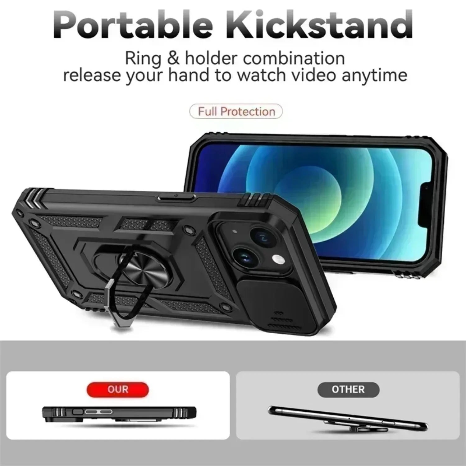 Ring Stand Rotating Slide Camera Lens Military Grade Armor Case for iPhone 17 air 16 14 13 12 11 15 Pro Max Plus 17e 16e Cover