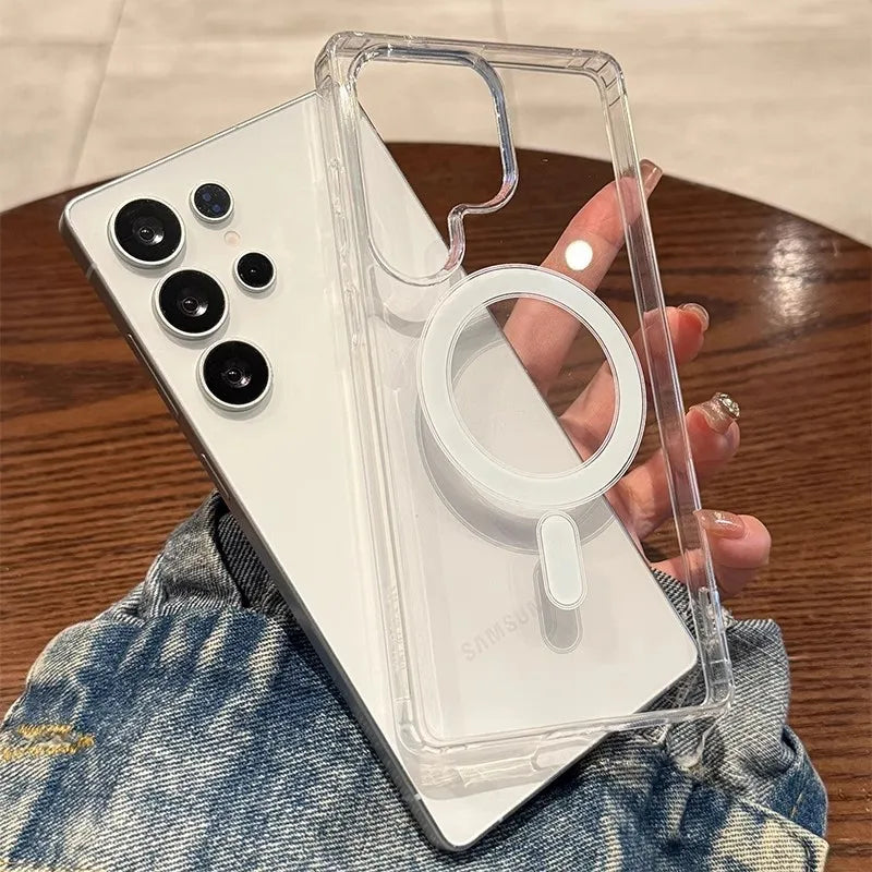 Original For Magsafe Magnetic Phone Case For Samsung Galaxy S25 S24 S23 S22 Ultra Plus Wireless Charging Shockproof Clear Cover
