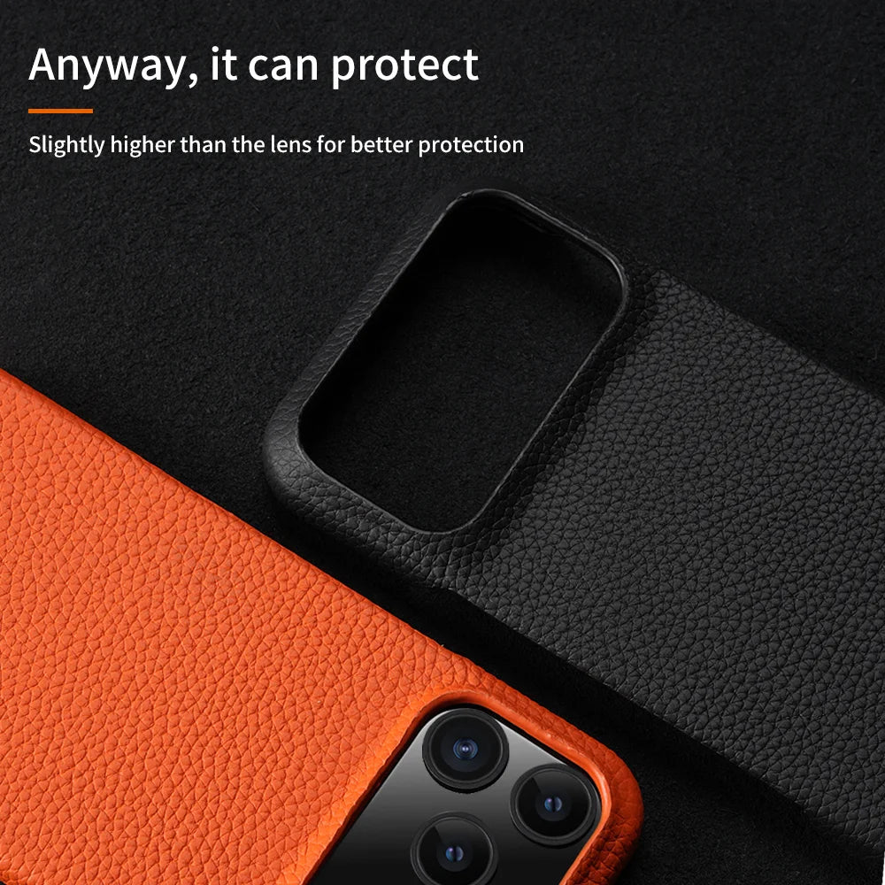 for Magsafe Case for iPhone 17 15 16 Pro Max 17 Air Luxury Lychee Natural Cowhide Leather Magnetic Protector Phone Back Cover