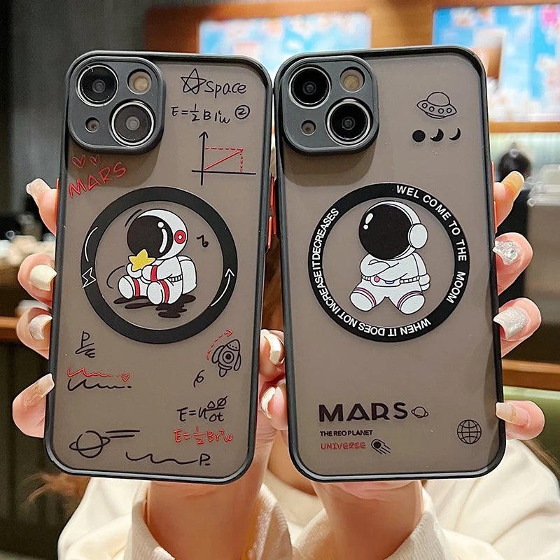 Cartoon Astronaut For Magsafe Wireless Charger Case For iPhone 17e 16e 17 16 14 13 12 15 Pro Max Plus 11 Matte Hard Phone Cover