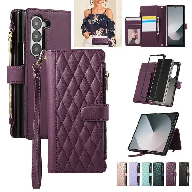 Zipper Wallet Flip Leather Phone Case For Samsung Galaxy Z Fold 7 6 5 4 S26 Ultra S25 FE S24 Plus S23 S22 S21 Multi Card Cover