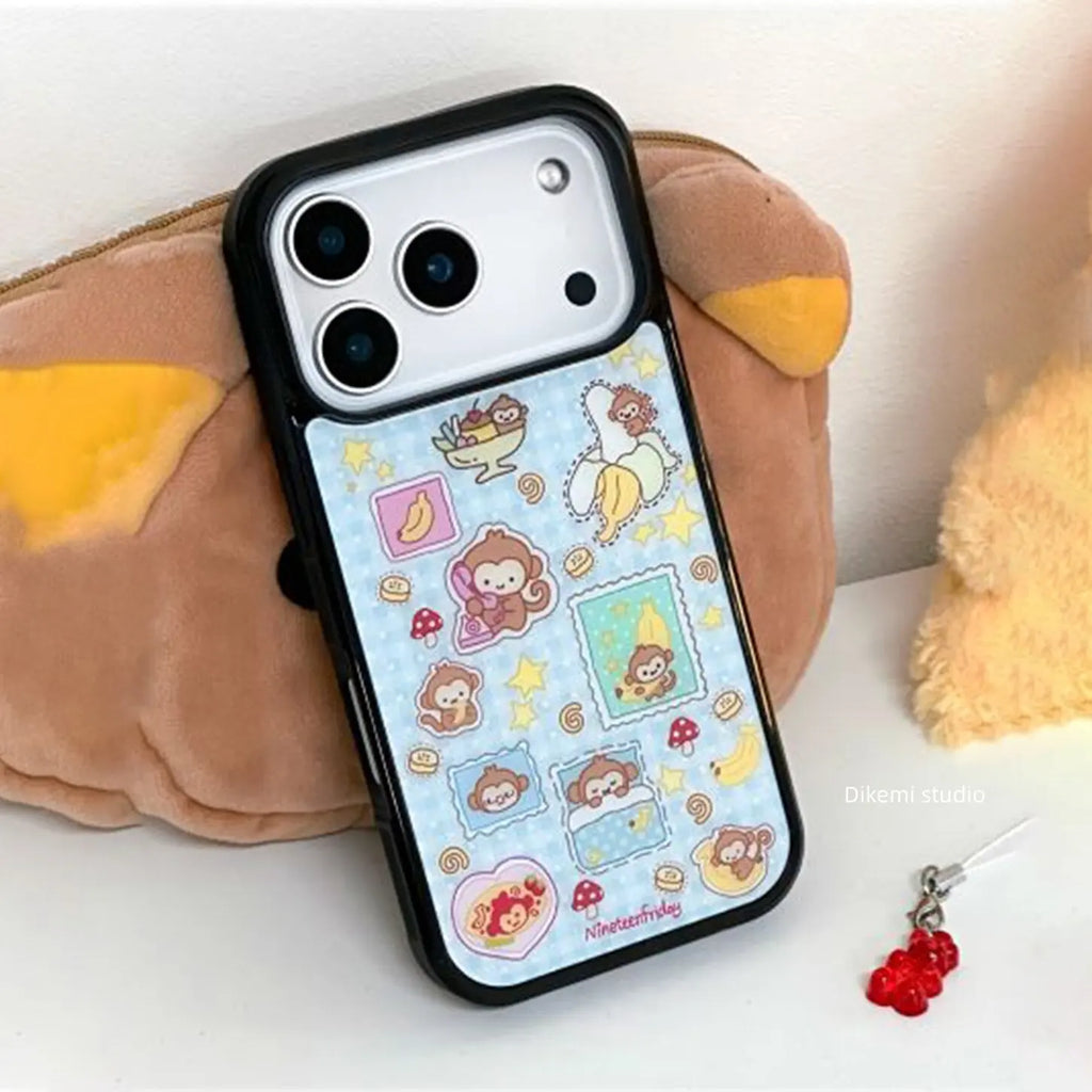 Korean Ins Blue Yellow Monkey Banana Phone Case For iPhone 17 Air 16 Pro Max 15 14 Plus 13 12 11 Shockproof Silicone Back Cover