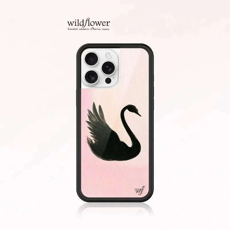 Wildflower 3D Black Swan Phone Case for iPhone 12 13 14 15 16 17 Pro Max Plus Fashion Sweet-Swan Lake Soft Edge Back Cover Cases
