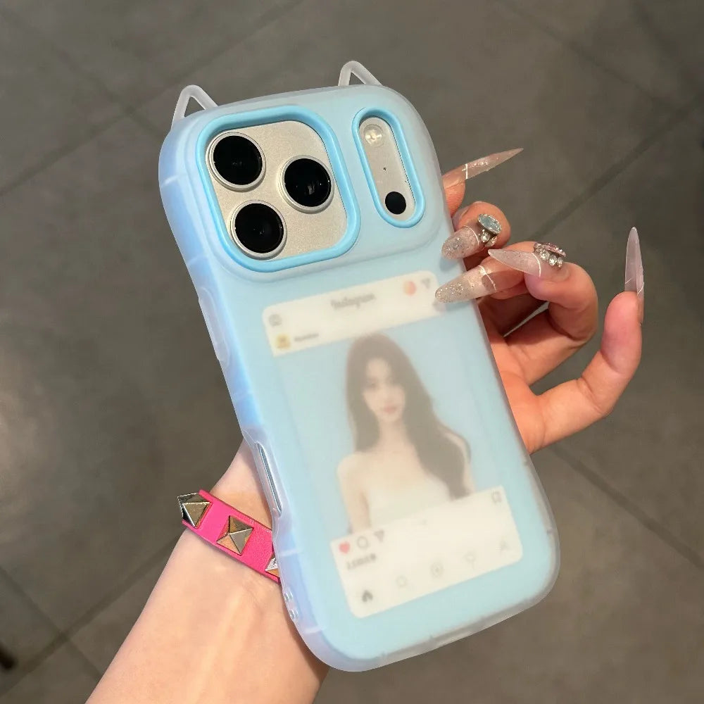 Cute Cartoon Cat Ear 2in 1 Case for iPhone 15 16 17 Pro Max 14 13 12 11 Jelly Candy Color Matte Soft TPU Shockproof Slim Cover