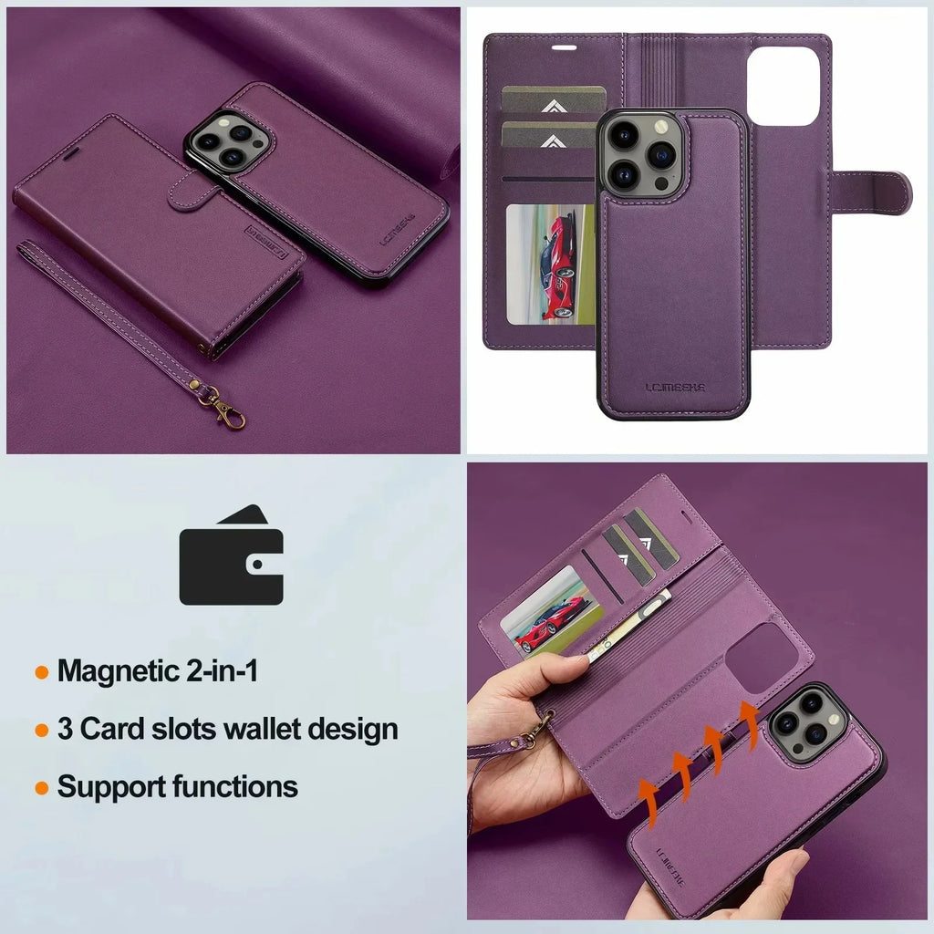 2 in 1 Removable Flip Leather Case For iPhone 17 Air 16 Pro Max 15 14 13 12 11 Pro XS Max XR 7 8 Plus SE Magnetic Wallet Cover
