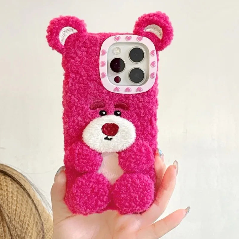 Korea Kawaii Aesthetic Lotso Strawberry Bear Plush Phone Case Fluffy Winter Warm Shockproof Cover for iPhone 16 15 14 13 Pro Max