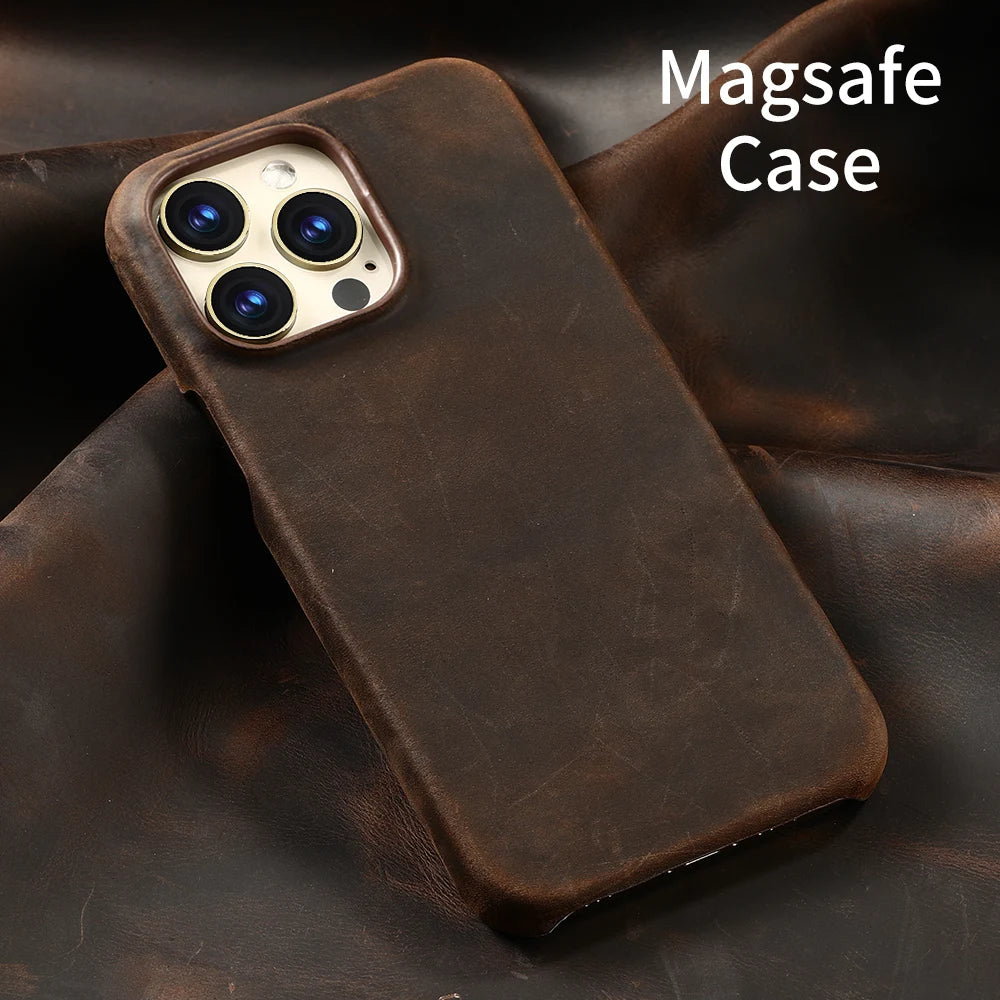for Magsafe Case for iPhone 17 Air 16 15 Pro Max Retro Luxury Full Grain Cowhide Genuine Oiled PULL-UP Leather Magnetic Cover