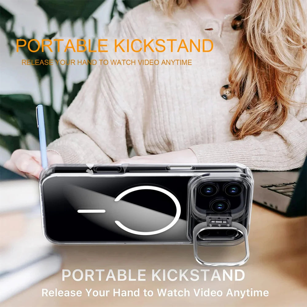 Original For Magsafe Invisible Lens Stand Holder Phone Case For iPhone 17 Pro Max Air 14 15 16 Plus 13 12 11 Clear Acrylic Cover