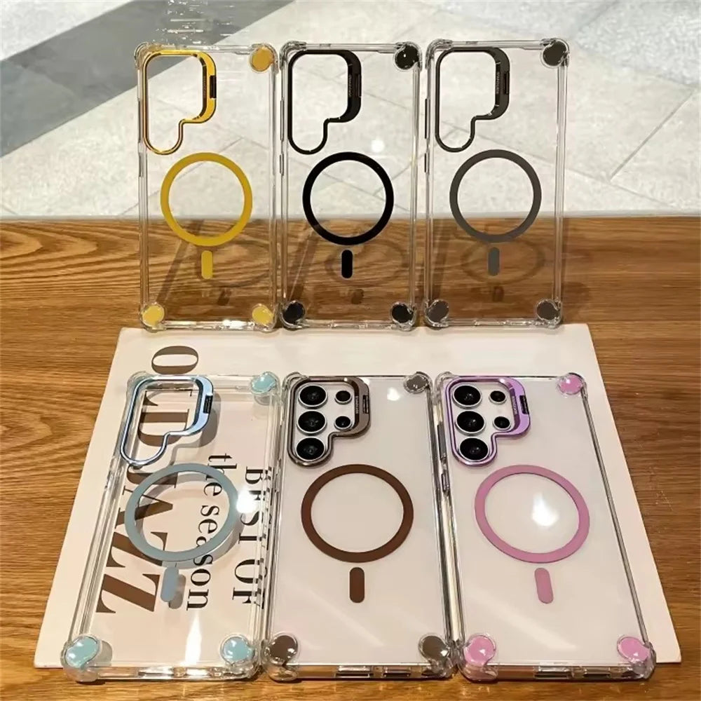 Fold Camera Holder Cases For Samsung Galaxy S25 Ultra 5G Magnetic Cover Funda For Samsung S24 S23 Ultra Transparent Case