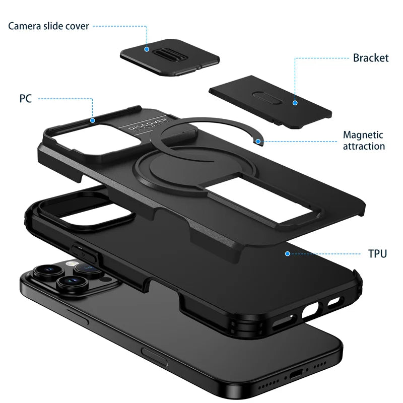 For Magsafe Magnetic Wireless Charging Case For iPhone 16 15 14 13 12 11 Pro Max Plus 16e Armor Stand Slide Lens Protector Cover