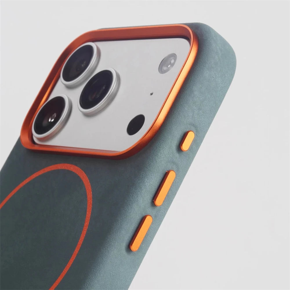 Luxury Magnetic Elephant Skin Texture PU Leather Case For iPhone 17 Pro Max Air 16 15 14 13 MagSafe Alloy Lens Shockproof Cover