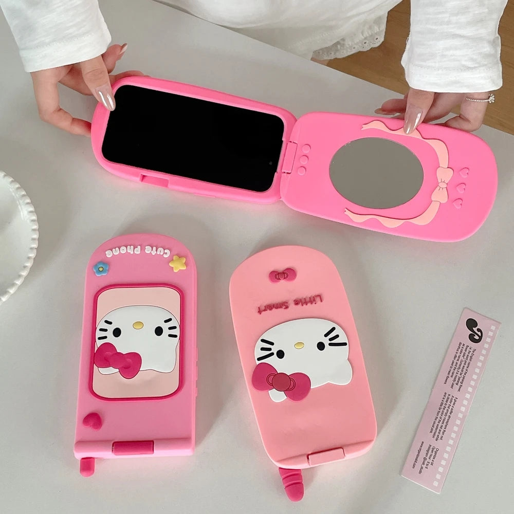 3D Cute Sanrio Hello Kitty Hide Makeup Mirror Flip Cover Phone Case For iPhone 17 16 15 14 13  Pro Max Soft Silicone Cover
