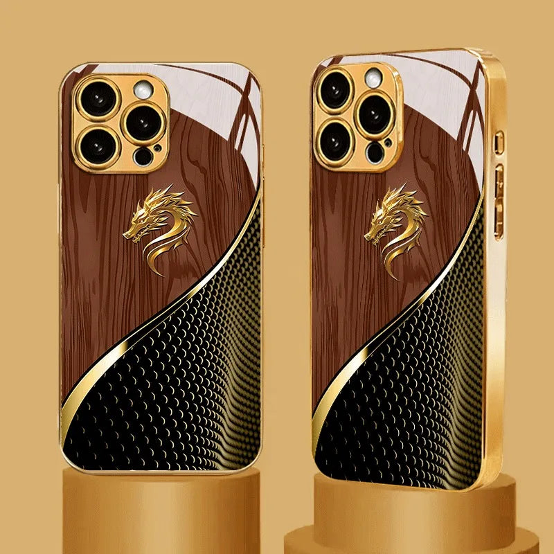 Luxury Textured Dragon Head Gold Metallic Paint Glass Phone Case For iPhone 17 Pro Max 11 12 13 14 15 16 Plus 17 Air 16E Cover