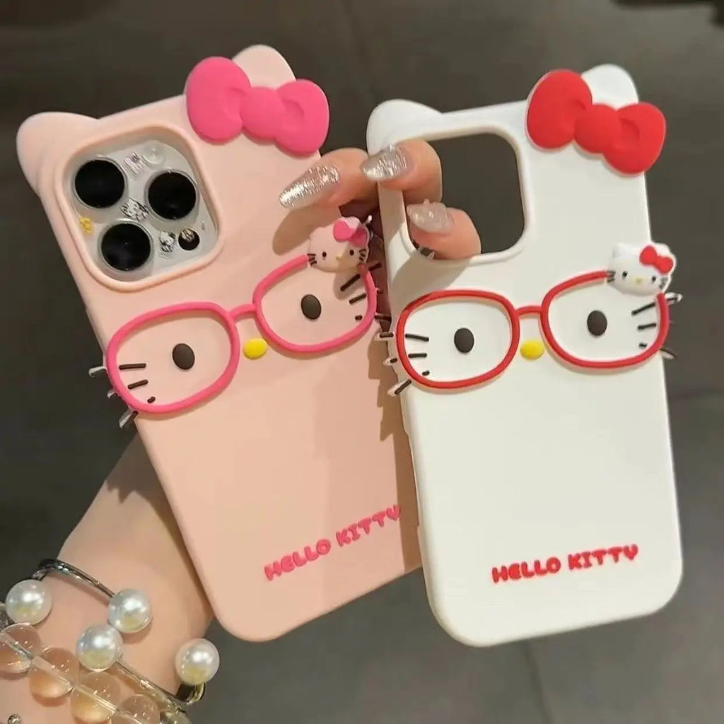 Hello Kitty 3D Glasses Cat Shockproof Silicone Phone Shell for IPhone17 Pro Max 16 15 Plus 14 13 Mini 12 11 4 4S 5 5S 7 8 Series