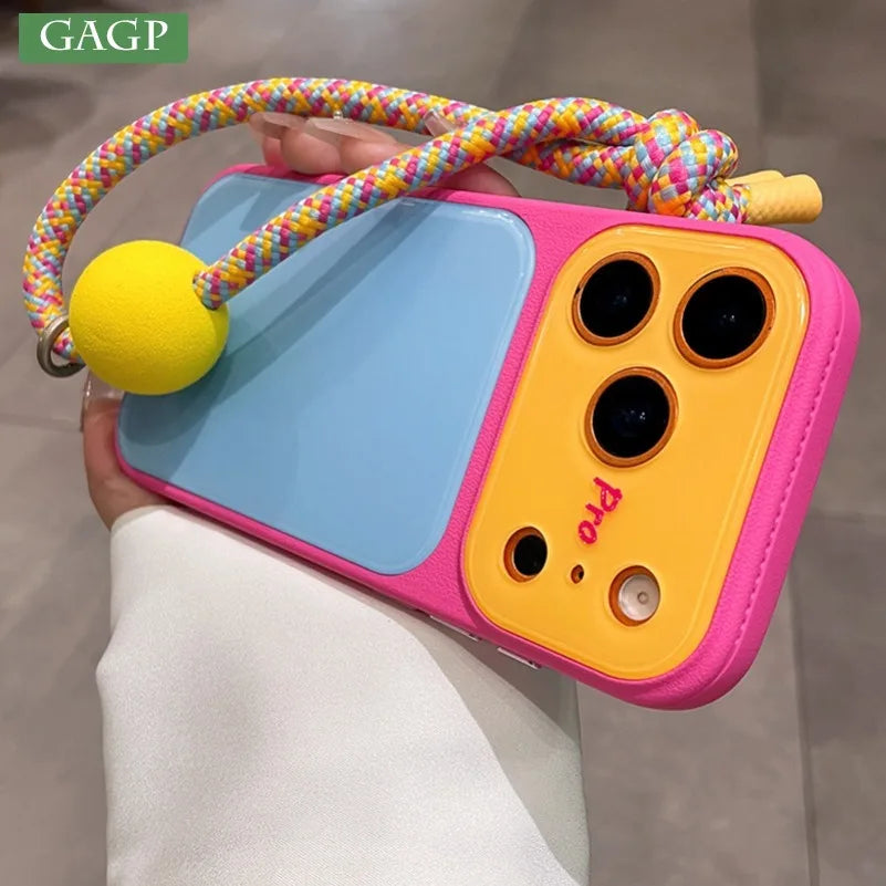 Summer Dopamine Color Lanyard Case for iPhone 17 16 15 14 13 Pro Max 17Pro 16Pro Leather Frame Acrylic Back Bicolor Chain Cover