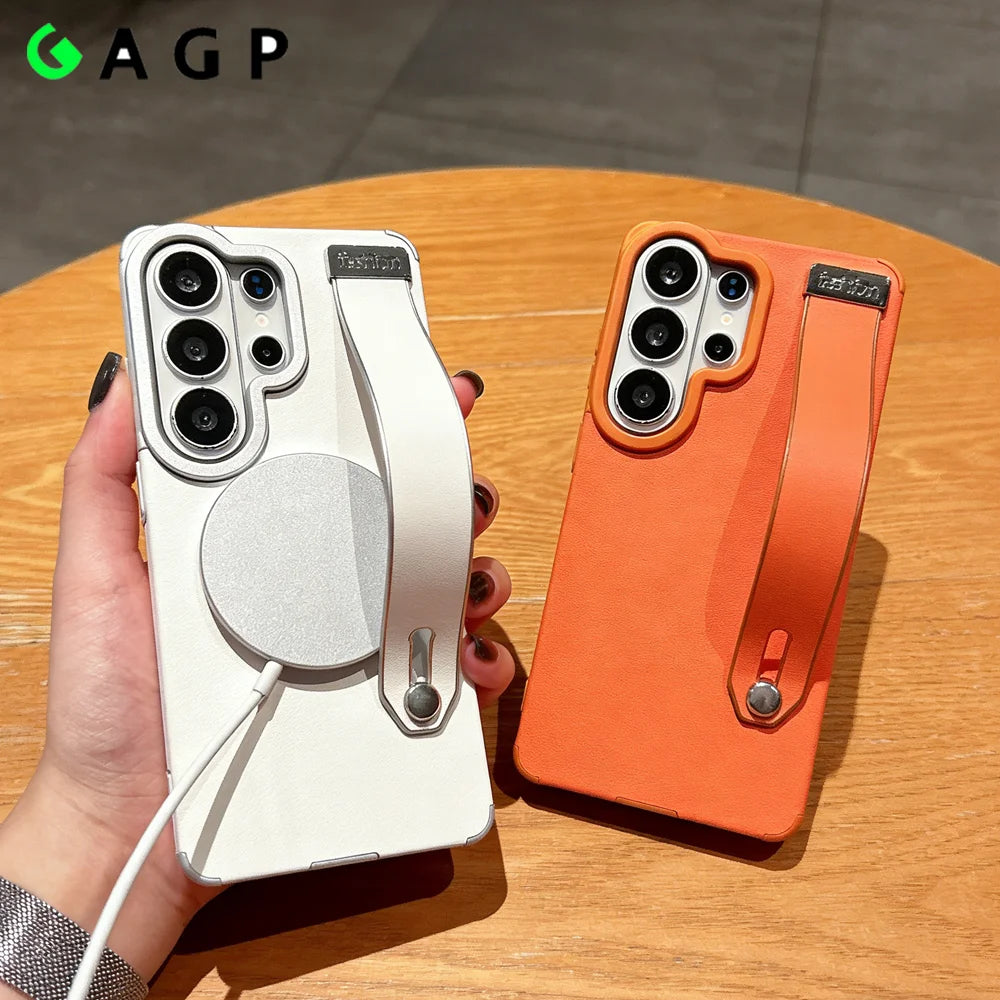 Wristband Bracket for Magsafe Inside Magnetic Case for Samsung Galaxy S26 S23 S22 S25 S24 Ultra Plus Leather Texture Cover