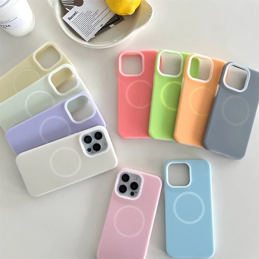 Fluorescent For Magsafe Liquid Silicone Phone Case For iPhone 15 14 11 12 13 16 17 Pro Max Shockproof Candy Colour Jelly Cover